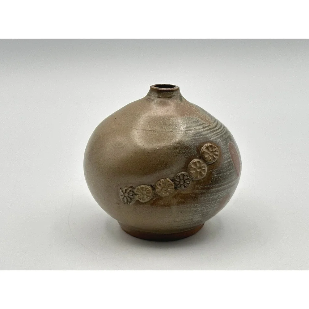 Vintage Studio Pottery Bud Vase Brown Salt Glazed Floral Stoneware Artist Signed